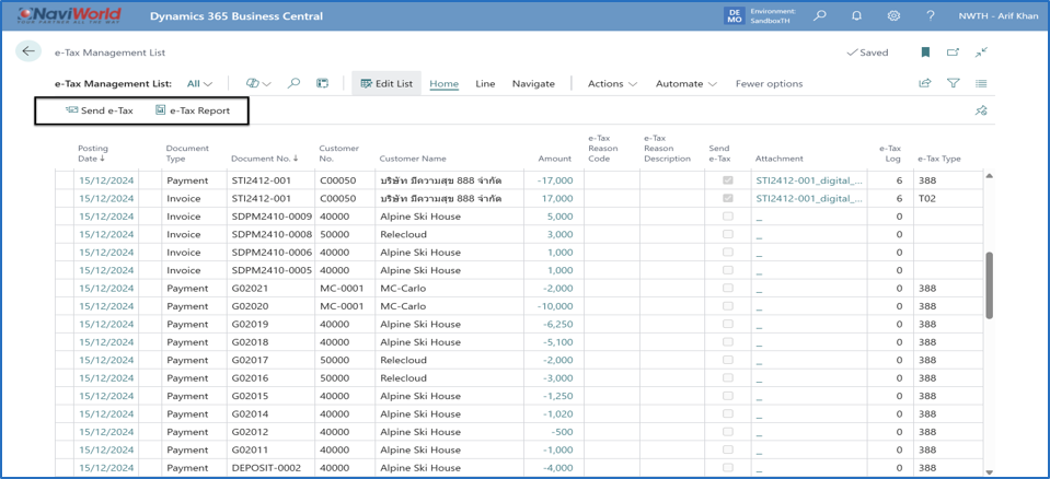e-Tax Management List e-Tax Management List